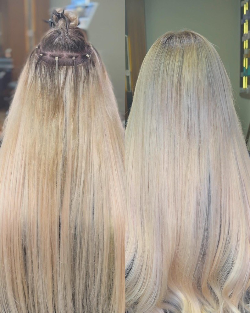 Vorher und Nachher einer Haarverlängerung mit blonden Echthaar-Tressen